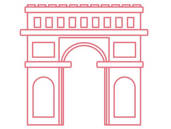 Pink line drawing of the Arc de Triomphe, symbolising Paris and French heritage.