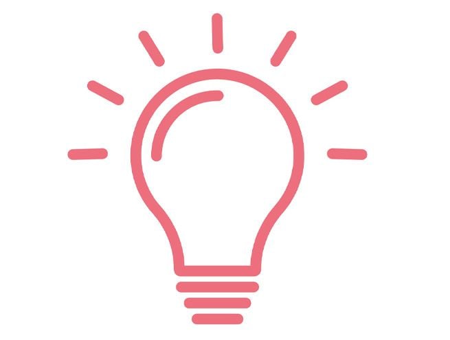 Pink light bulb icon with rays, symbolising ideas, creativity, or innovation.