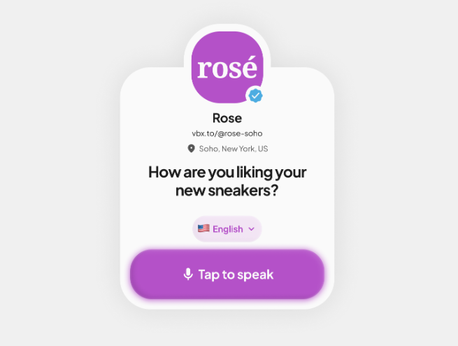 Digital interface of the Voicebox platform showing a voice feedback prompt from the brand Rosé asking a customer about their new sneakers