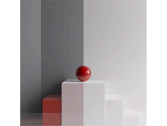 Red sphere positioned on graduated grey and white blocks evoking progression, signal prioritisation and right-moment activation.