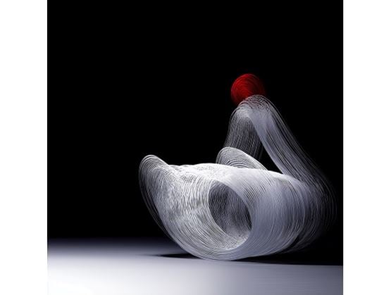 Abstract flowing structure made of white lines with a red sphere, illustrating intelligent orchestration and real-time movement.