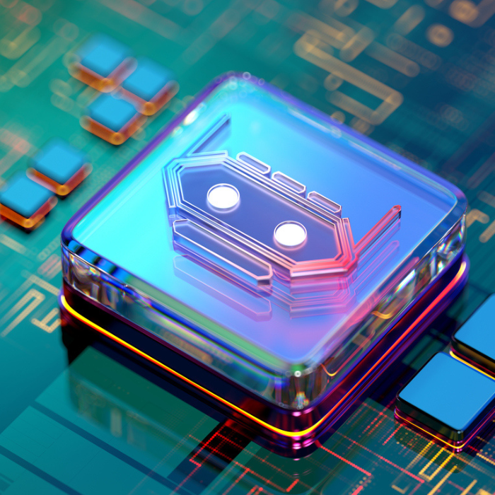 Futuristic illustration of agentic artificial intelligence, featuring a glowing microchip with a robot symbol, integrated into a digital circuit board with blue, turquoise and purple neon colors.