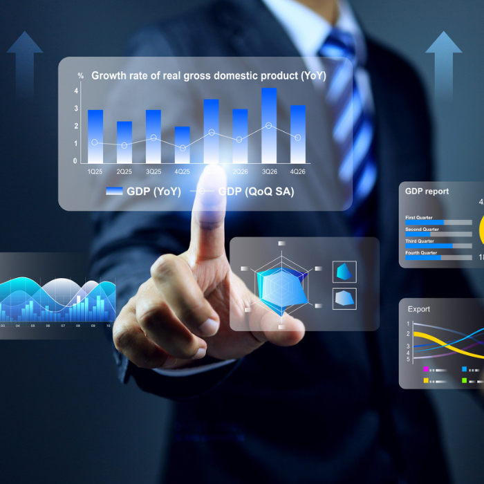 Illustration of a business professional interacting with a futuristic digital interface displaying charts, performance indicators and analytics data, symbolizing demand forecasting and retail trend analysis powered by artificial intelligence.
