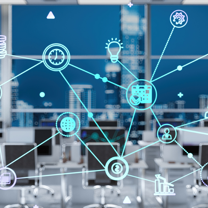 Illustration of a connected digital network in a modern retail environment, featuring blue glowing icons and interconnected lines symbolizing partnerships, brand licensing and business connections in the retail industry.