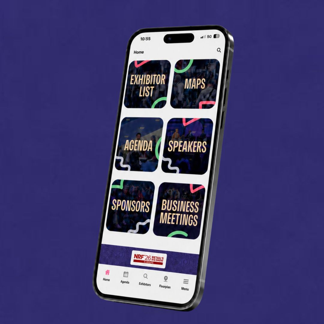 Application mobile NRF 2026: Retail’s Big Show Europe présentant la liste des exposants, les plans, le programme, les speakers, les sponsors et les Business Meetings.