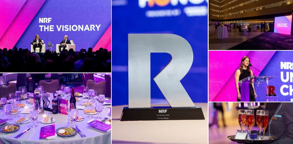 Montage d'images de l'événement NRF : conférence avec deux intervenants sur scène, trophée en forme de "R", dîner de gala avec tables dressées, réception d'accueil dans un grand hall, allocution d'une intervenante au pupitre, et verres de cocktail servis sur plateau.