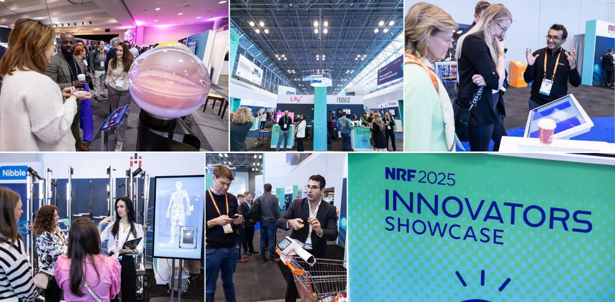 Composite image from the NRF 2025 Innovators Showcase trade show, showcasing various scenes of technological demonstrations and innovations for the retail industry. The photos depict exhibitors interacting with visitors, presenting digital solutions, interactive screens, and innovations in artificial intelligence and data analytics. A large sign displays the "NRF 2025 Innovators Showcase" logo, highlighting the event dedicated to new technologies in retail.