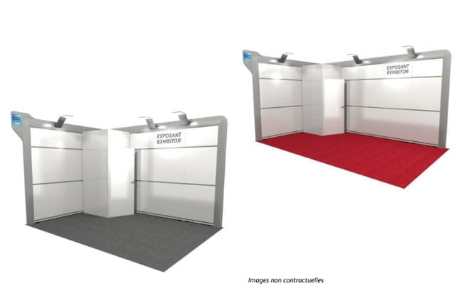 Visual of two equipped exhibition stands with integrated lighting and customizable carpet in gray or red.