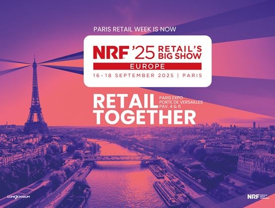 Promotional poster for the NRF 2025 Retail's Big Show Europe event, which will take place at Paris Expo Porte de Versailles from September 16 to 18, 2025. The slogan 'Retail Together' is highlighted on an image of the sunset over the Seine with the Eiffel Tower in the background.