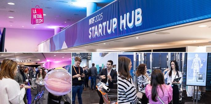 Espace Startup Hub de la NRF 2025 avec des visiteurs échangeant autour de solutions innovantes, dans une ambiance dynamique et colorée.